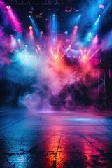 Naklejka premium Vibrant stage: empty concert arena with colorful lights and smoke, scene for upcoming live performance, dynamic spotlights, atmospheric effects, energetic and captivating backdrop