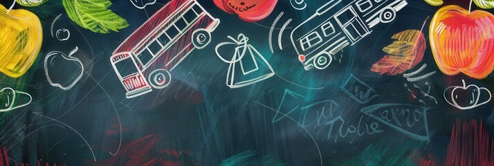 A vibrant chalkboard filled with colorful brush strokes and detailed drawings of globes, rulers, pencils, and lightbulbs enhances the classroom atmosphere. Generative AI