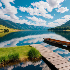 Obraz premium Beautiful lake landscape with row boat and old wooden lake bridge with beautiful sky and cloud background, place for rest and relax, calm water with fresh environment.