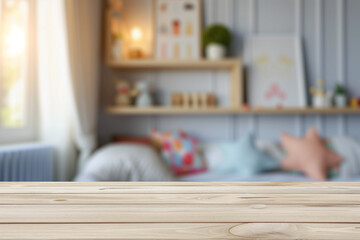 Empty wooden table, desk or shelf with blurred view of modern children bedroom