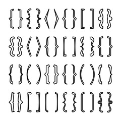 Text brackets collection, black quotation box. Curly, square and corner parentheses. Vintage typographical symbol, calligraphic quote frame. Doodle, lettering element. Vector illustration