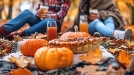 Photo of a couple enjoying an autumn picnic with pumpkin and pear dishes in a park