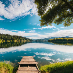 Obraz premium Beautiful lake landscape with row boat and old wooden lake bridge with beautiful sky and cloud background, place for rest and relax, calm water with fresh environment.