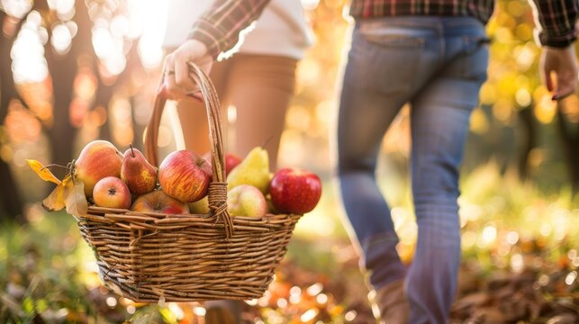 Photo of a couple enjoying an autumn picnic with pumpkin and pear dishes in a park - Powered by Adobe