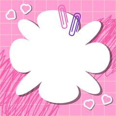 Template for paper notes. Groovy card for notes on a pink checkered background. Education accessories. Kawaii paper sticky notes for reminders, memo messages, and planners. Back-to-school.