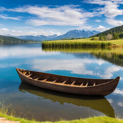 Obraz premium Beautiful lake landscape with row boat and old wooden lake bridge with beautiful sky and cloud background, place for rest and relax, calm water with fresh environment.