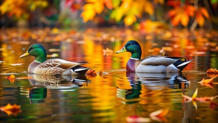 Two mallard ducks swimming in a dark pond surrounded by floating autumn leaves , Mallard ducks, water, pond, autumn leaves