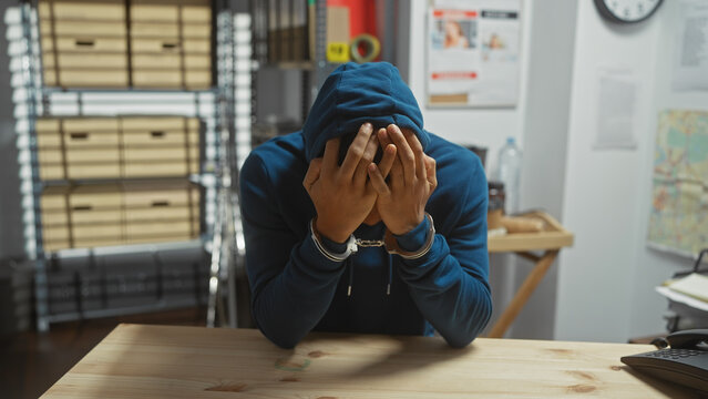 A handcuffed african american man with head in hands at a police station office, portraying a suspect in custody.