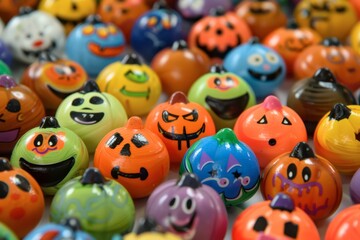 Colorful Collection of Hand-Painted Halloween Pumpkin Figurines Displayed on a Table During Festive Season