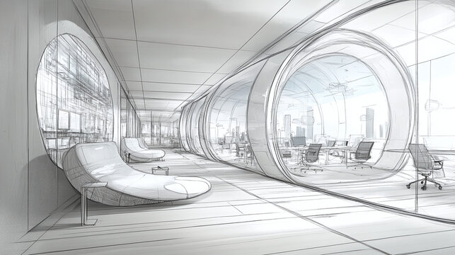 a futuristic office interior sketch drawing
