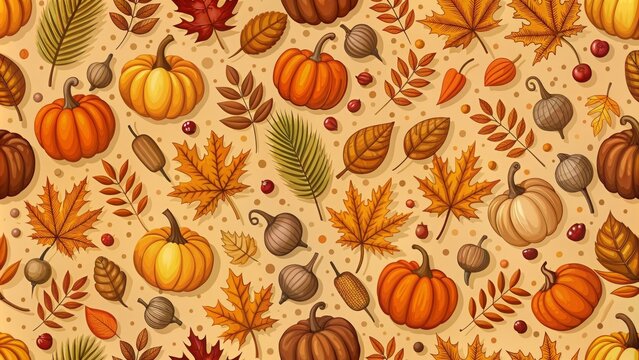 Autumn themed seamless pattern with leaves, acorns, and pumpkins in warm colors , Fall, digital paper