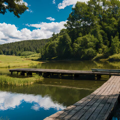 Fototapeta premium Beautiful lake landscape with row boat and old wooden lake bridge with beautiful sky and cloud background, place for rest and relax, calm water with fresh environment.