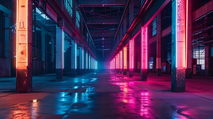 Fototapeta premium factory illuminated with neon lights of vibrant colors highlighting areas and creating a surreal atmosphere