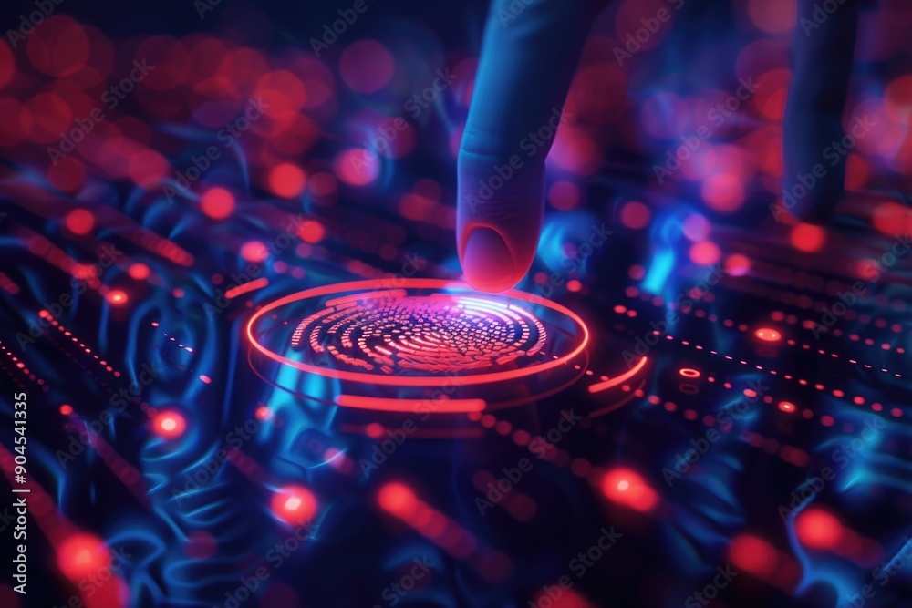 Poster a close-up shot of a human finger pressing a button on an electronic circuit