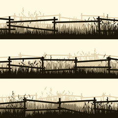 Obraz premium Meadow silhouettes with grass and old wooden fence. Countryside, panoramic summer lawn rural landscape with herbs, weeds. Herbal border, frame element. Brown horizontal banners. Vector illustration