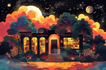 Obraz premium Nighttime Suburban Home with a Dreamy Atmosphere