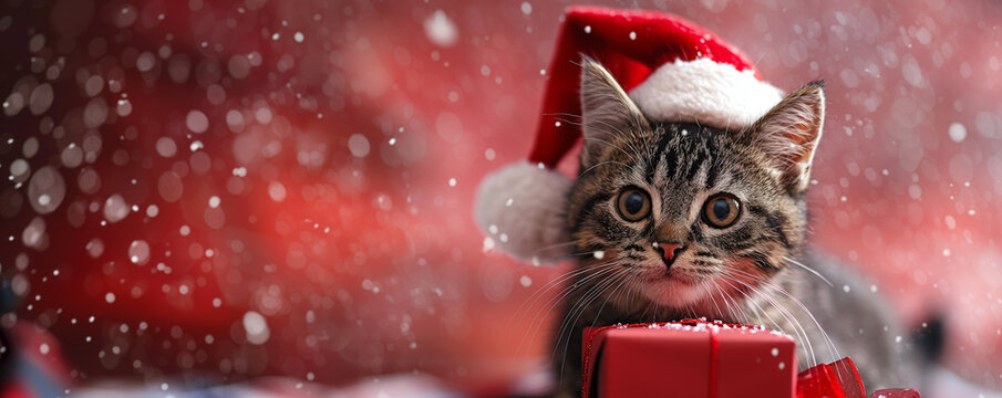 Cute kitten or cat with Santa hat holding gift box on red festive background, Christmas holiday theme