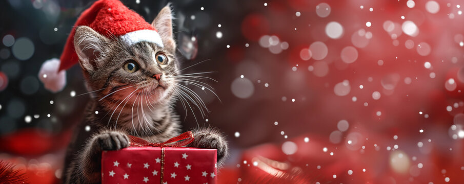 Cute kitten or cat with Santa hat holding gift box on red festive background, Christmas holiday theme