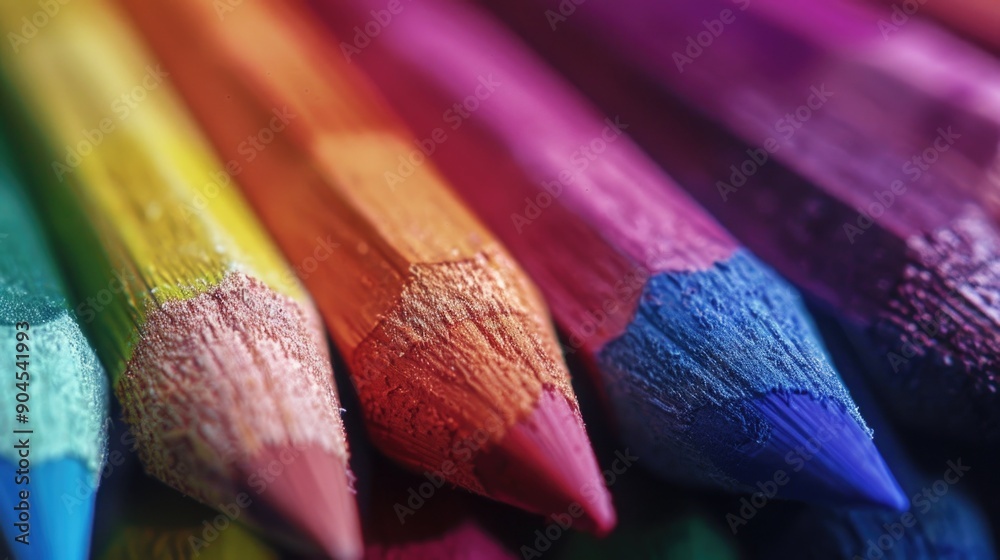 Poster a detailed view of a set of colorful pencils lying together, ideal for illustrations and designs