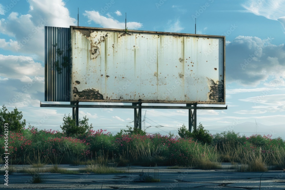 Poster an abandoned roadside billboard with rust and decay, perfect for use in scenes about nostalgia, forg