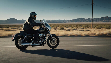 A stunning shot of a speeding motorcycle on Route 66, captured with dynamic studio lighting and vibrant textures. The wide expanse evokes excitement and goal-setting. A young girl rider adds interest.