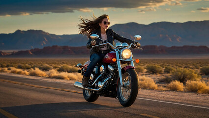 A stunning shot of a speeding motorcycle on Route 66, captured with dynamic studio lighting and vibrant textures. The wide expanse evokes excitement and goal-setting. A young girl rider adds interest.