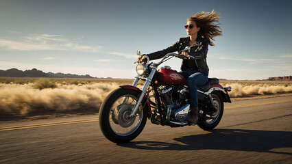 A stunning shot of a speeding motorcycle on Route 66, captured with dynamic studio lighting and vibrant textures. The wide expanse evokes excitement and goal-setting. A young girl rider adds interest.