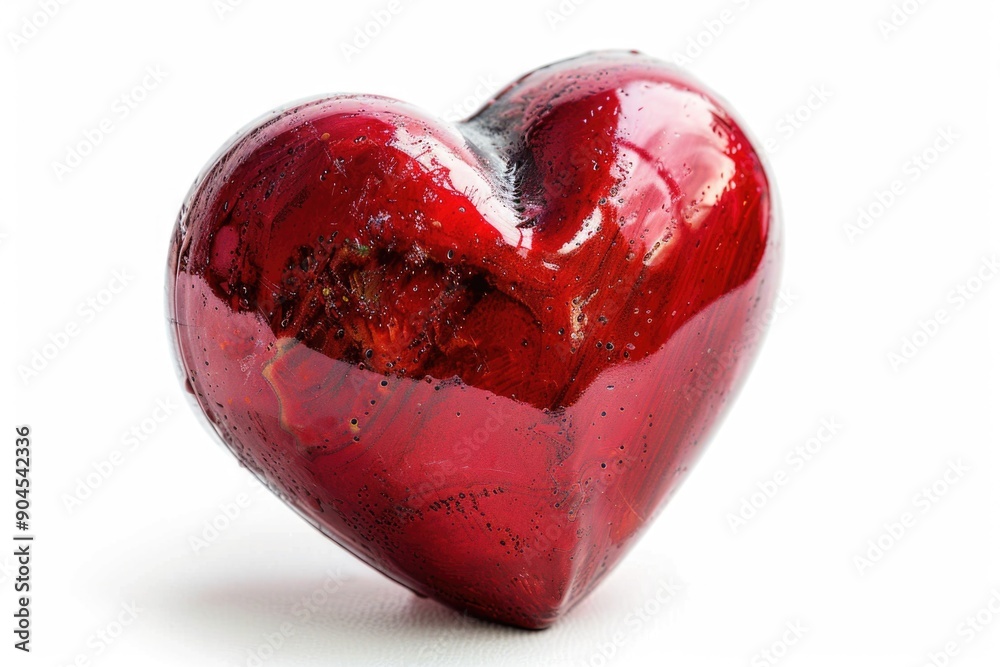 Poster a red heart-shaped object on a white surface