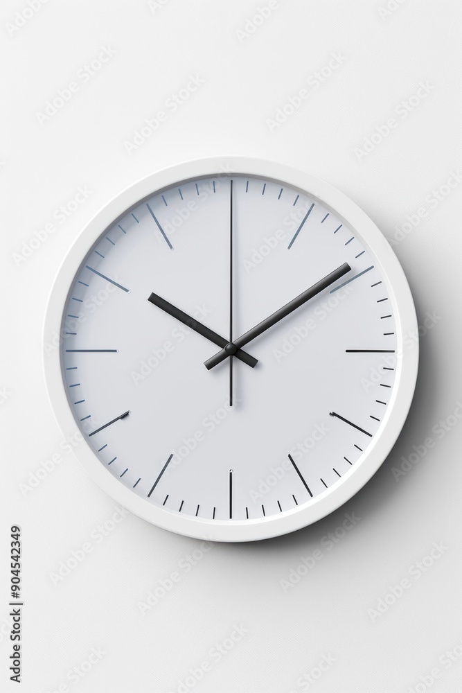 Poster a simple and clean design featuring a white clock with black hands on a white background, perfect fo