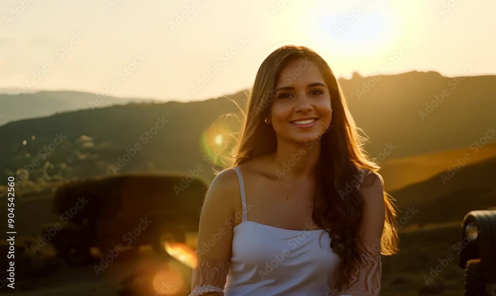 Sticker Portrait of a beautiful young woman standing in front of a jeep