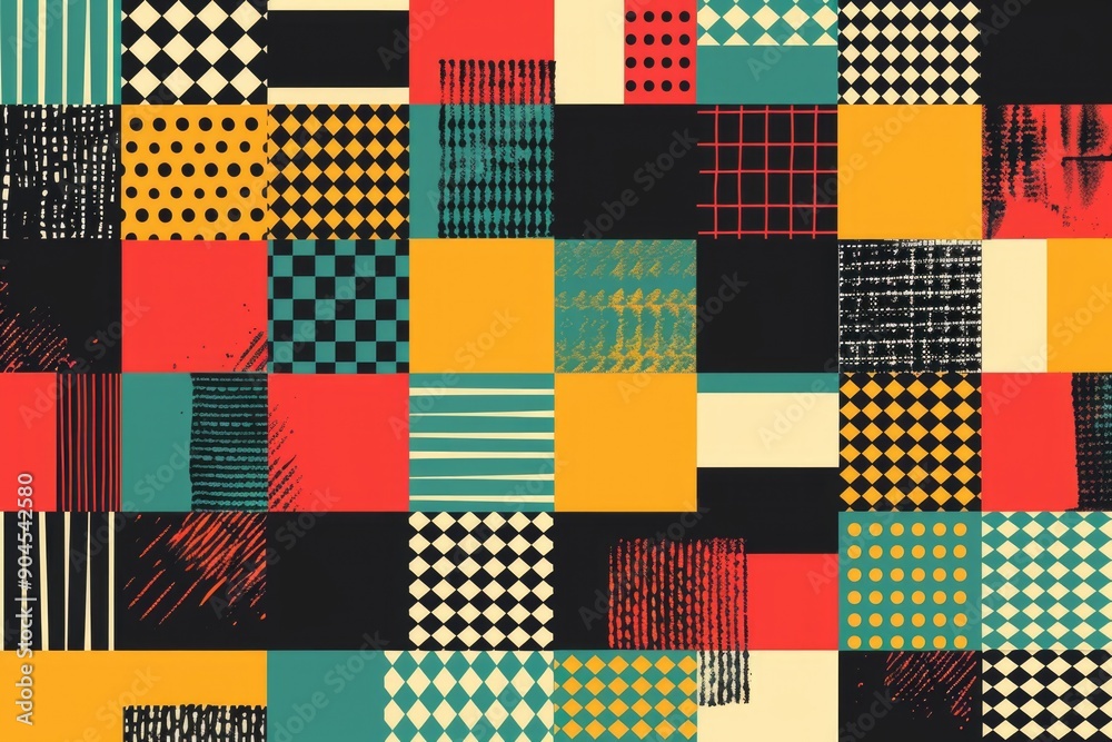Poster a vibrant patchwork design featuring variously colored squares, ideal for use in illustrations, text