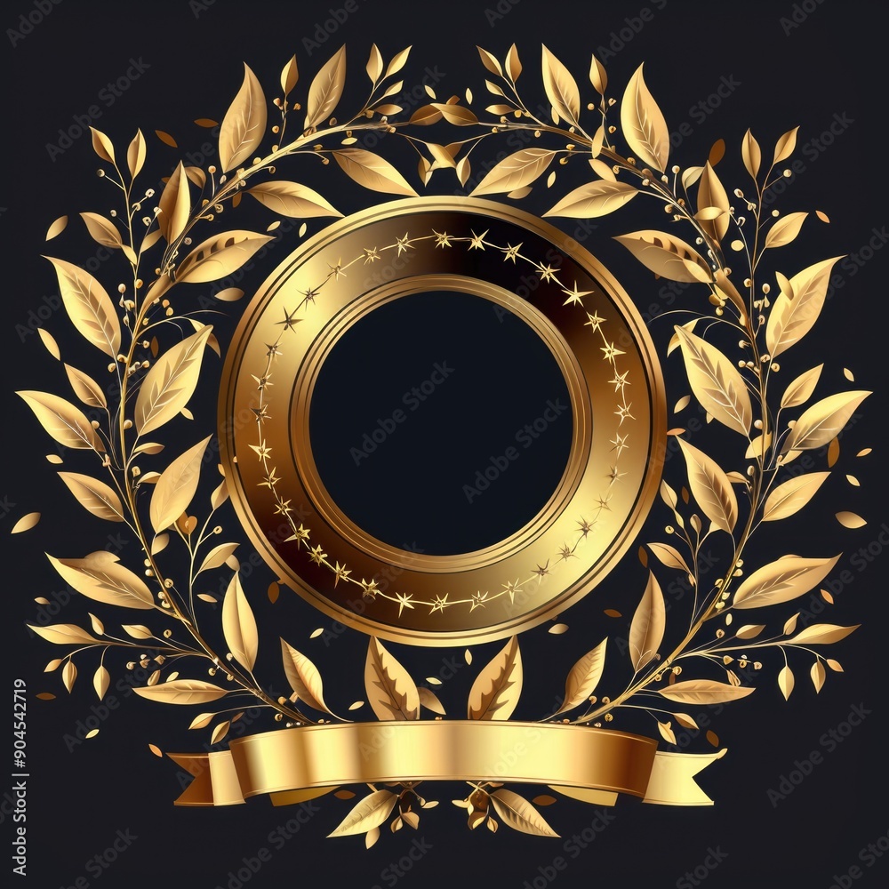 Poster a simple, elegant design featuring a golden wreath adorned with stars and a ribbon on a dark, contra