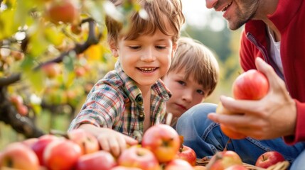 Fototapeta premium Photo of a family picking ripe apples in an orchard during harvest season