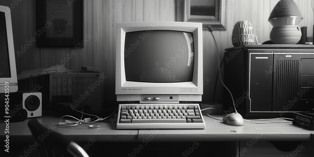 Aufkleber an older computer model sitting on a wooden desk, suitable for background use or nostalgic purposes