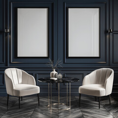 Elegant sitting area with two white armchairs, a black round table, and two empty mock-up poster frames on a dark paneled wall, perfect for a sophisticated and luxurious interior setting