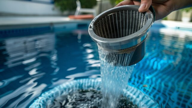 A close-up of a hand holding a pool filter basket, water flowing out, showcasing maintenance of a clean swimming pool.