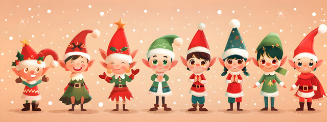 Fototapeta premium A group of children dressed as elves are standing in a line