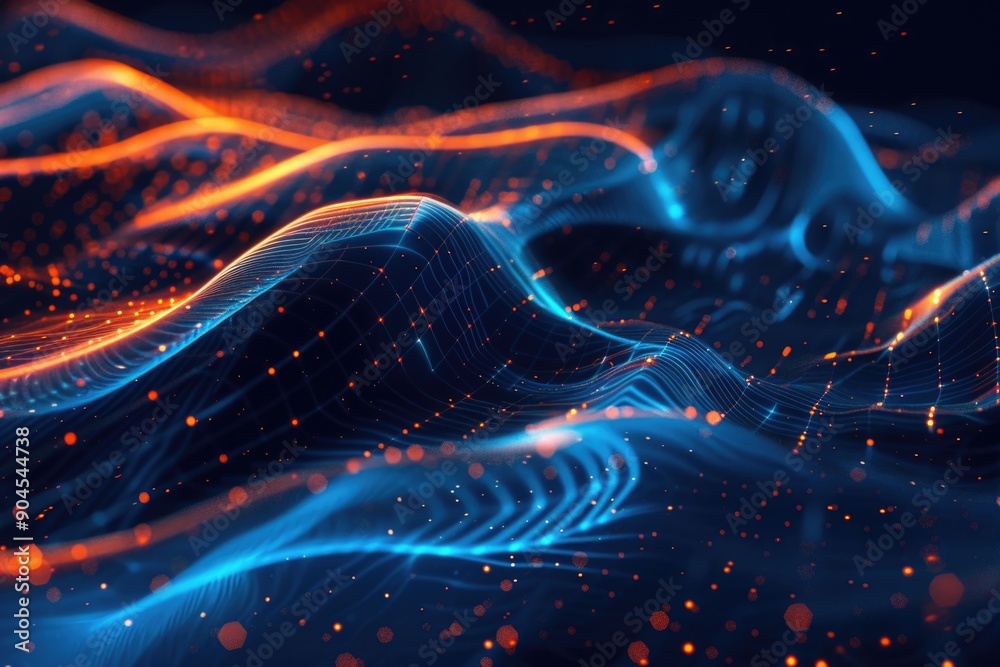 Poster a futuristic representation of a wave made from blue and orange light