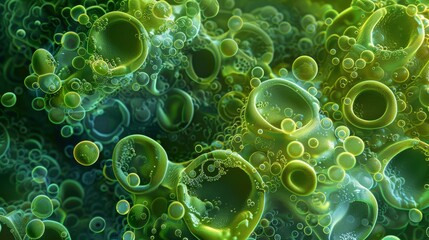 Abstract representation of green bubbles and cells floating in a vibrant environment, evoking a sense of life and vitality.