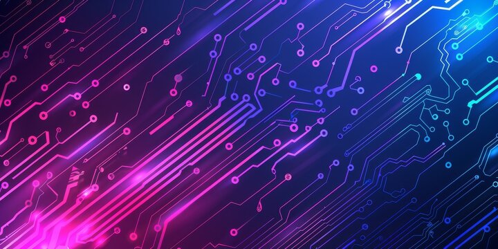Futuristic design with circuit board, flowing lines, and neon lights in blue, purple, pink shades