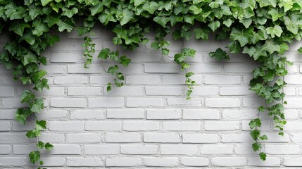 white brick wall, Green vines spread across the red brick color contrasting beautifully with the greenery of the trees, creating a harmonious and natural design.