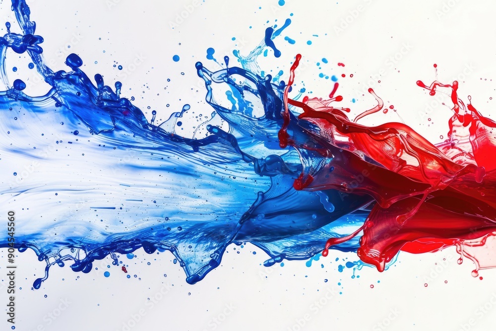 Poster a close-up shot of two liquids, one red and one blue, interacting in a fascinating way