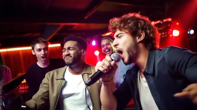 Male friends singing karaoke
