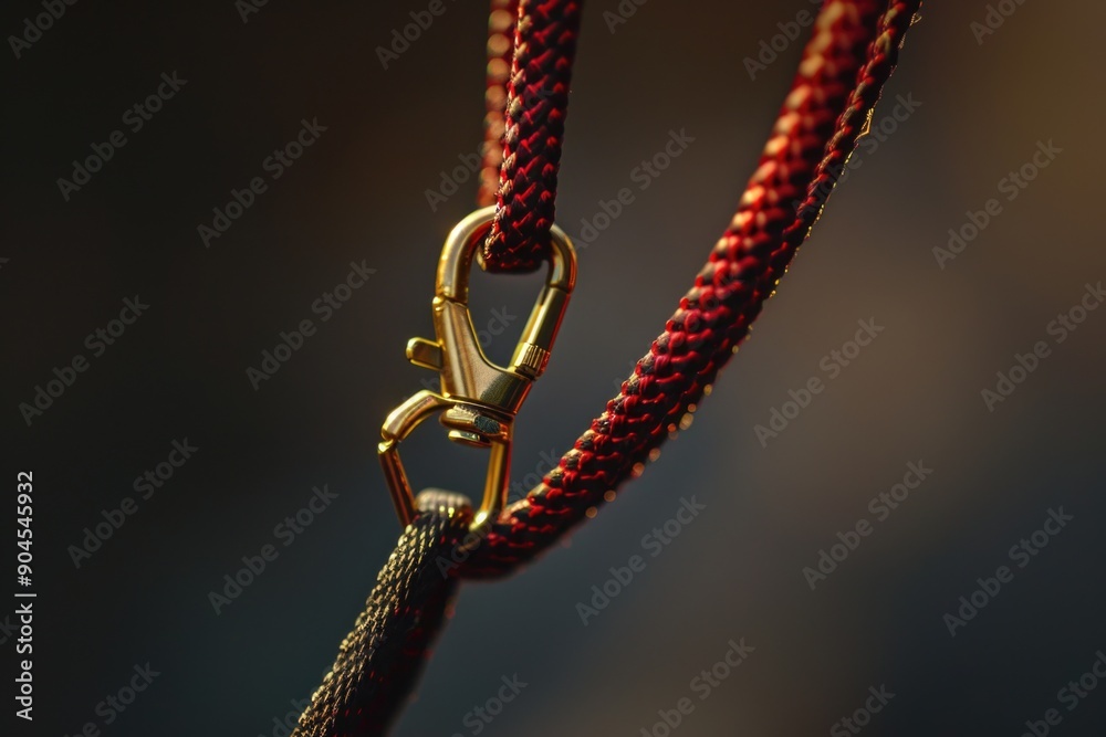 Poster A detailed view of a red rope with a shiny gold hook, suitable for use in illustrations or designs where a sense of binding or attachment is needed