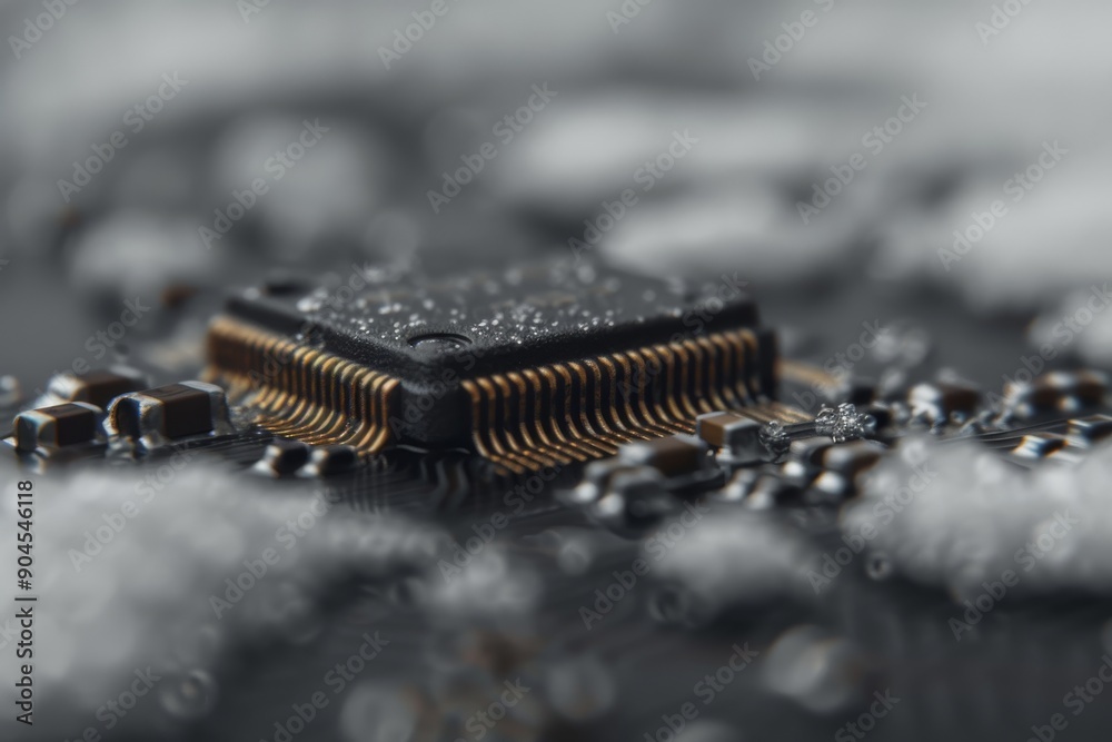 Poster Close-up of a silicon chip on a motherboard, a cornerstone of modern AI technology.