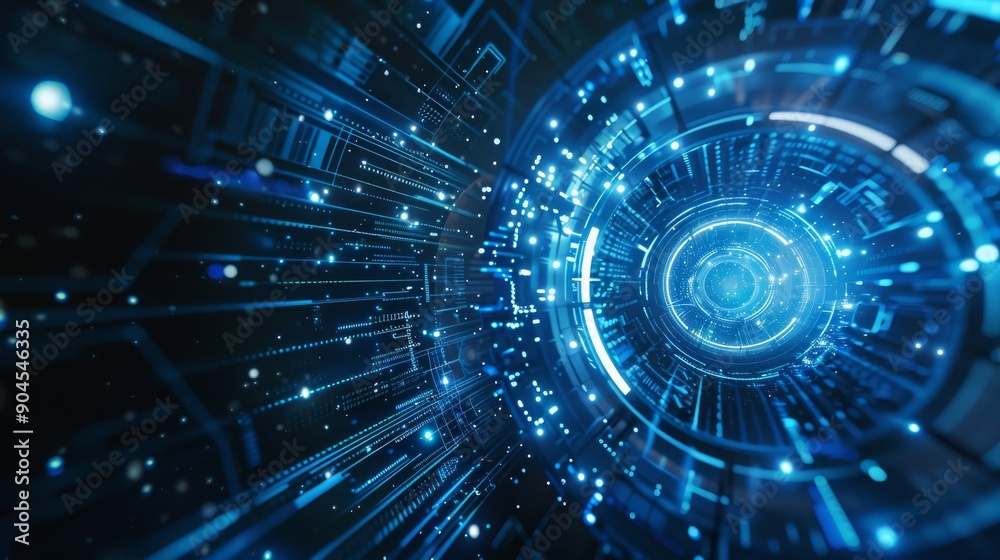 Poster digital data flow creates background for progress in computing and cyber systems