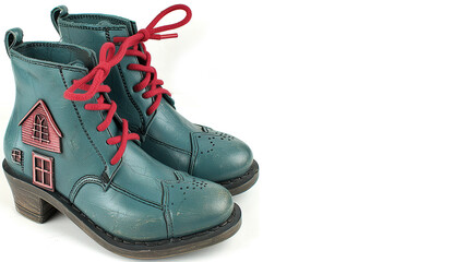Vintage Teal Boots with House Design