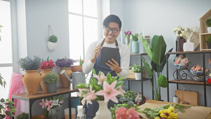 A smiling asian man using a tablet in a colorful flower shop filled with various plants and...