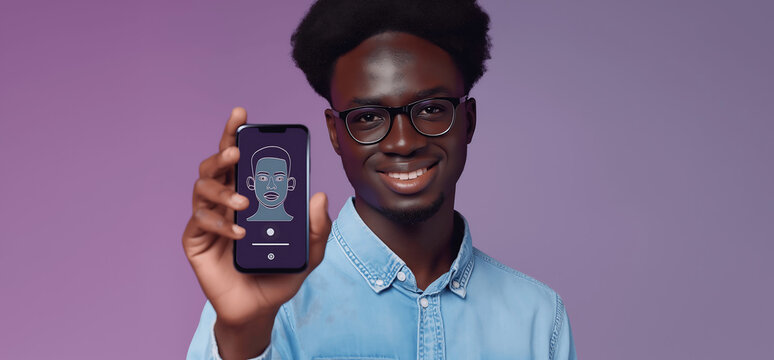 African American man smiling and holding up a phone to represent concept of facial recognition technology