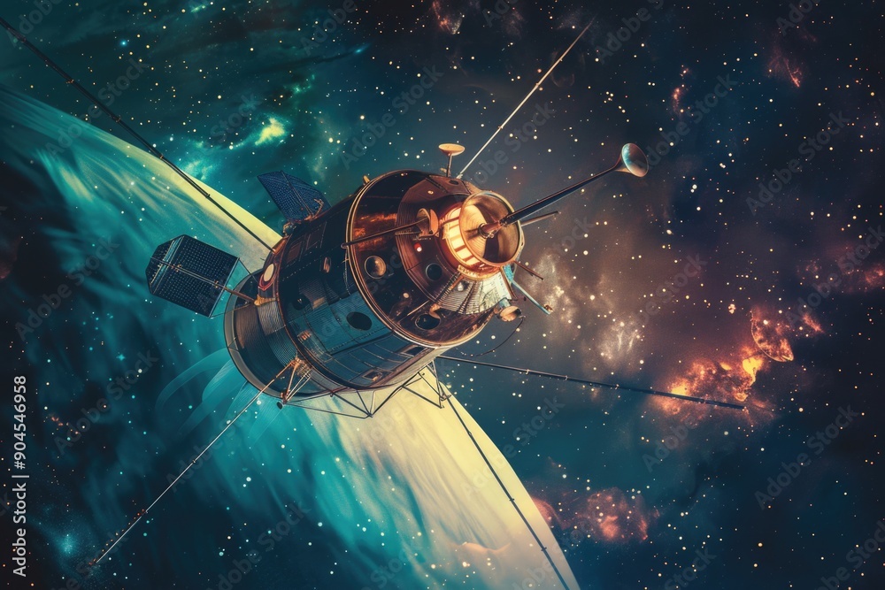 Aufkleber Illustration of a futuristic space station floating in the vastness of space, with stars and planets visible in the background
